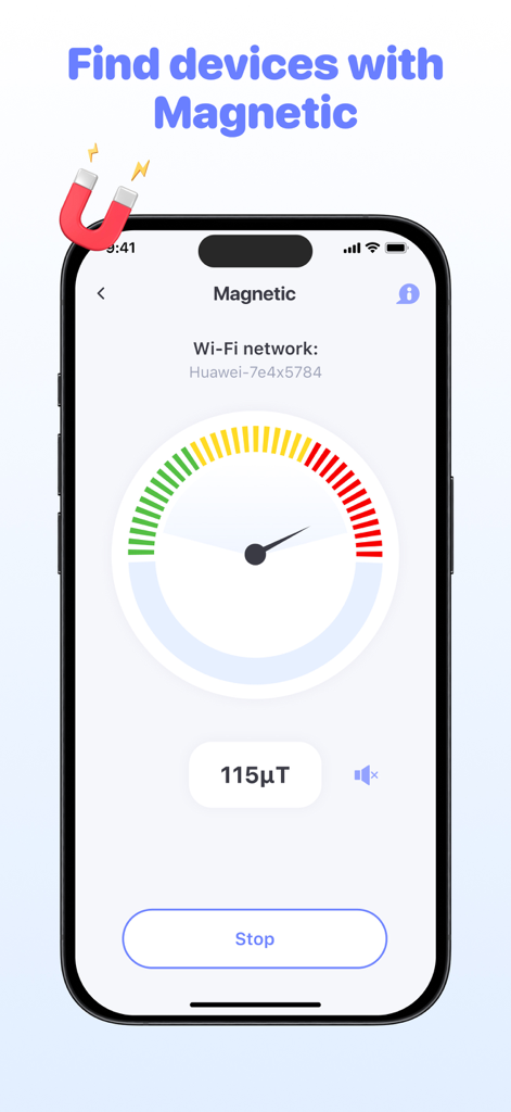 Interface showing a magnetic field strength meter to find hidden electronic devices