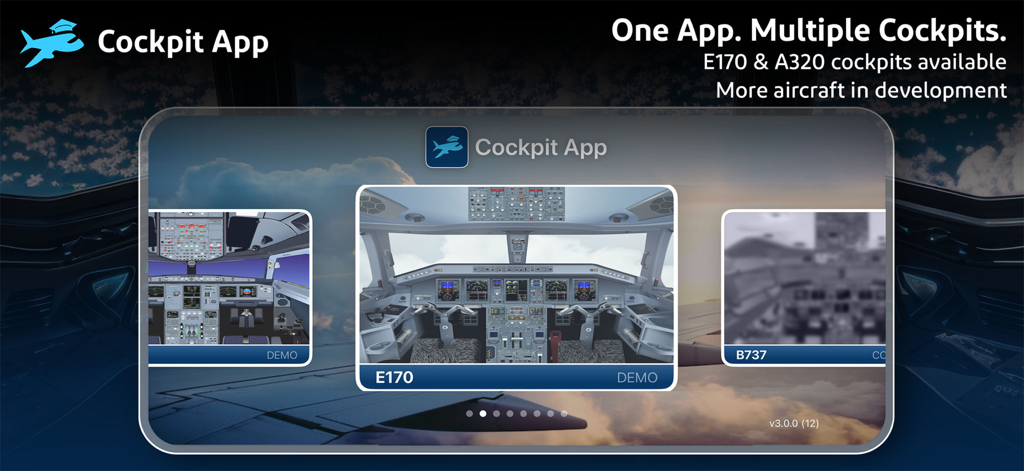 Cockpit App Systems - A menu within the Cockpit App Systems showing different aircraft cockpits for training including E170 and B737