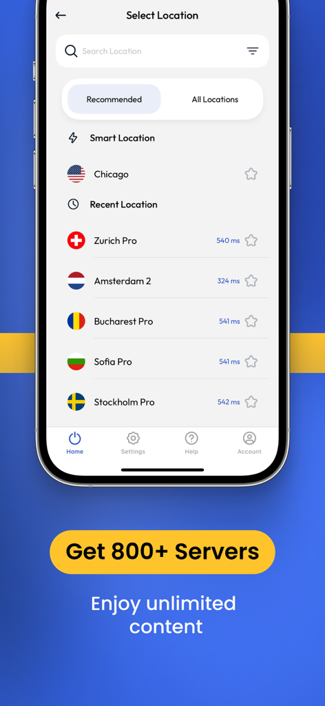 Écran de l'application FastestVPN montrant une liste d'emplacements de serveurs mondiaux et les vitesses de connexion