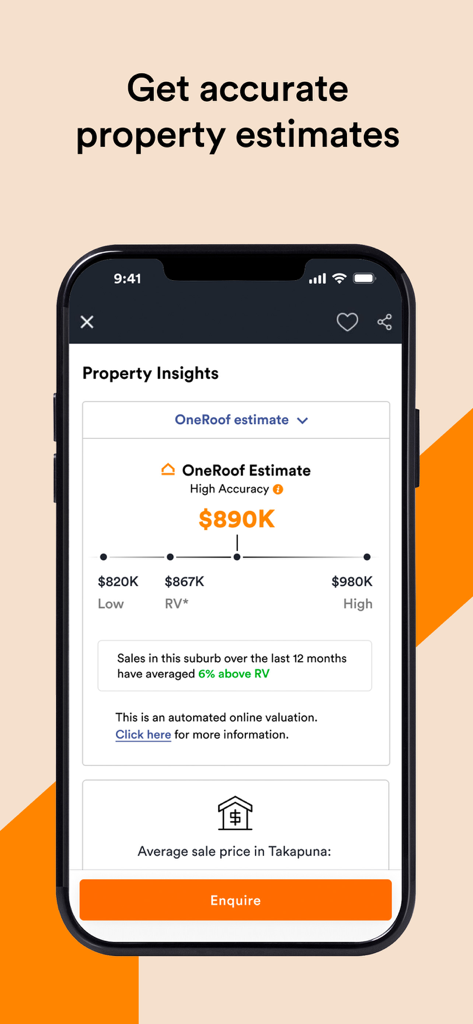 A smartphone screen displaying accurate property estimates and insights on the OneRoof real estate app