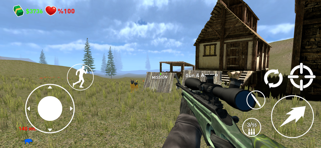 Beast Tracker: Survivor - Beast Tracker Survivorの最初の一人称スナイパービュー。迷彩ライフルと荒野の小屋が表示されています。