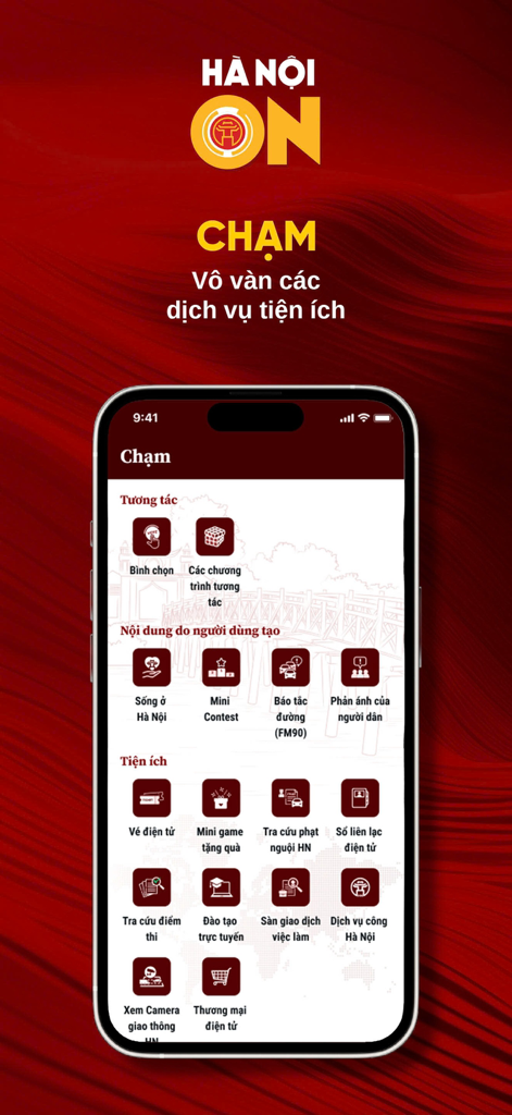 HANOI ON - A smartphone screen displaying the utility and interactive services menu of the HANOI ON app.