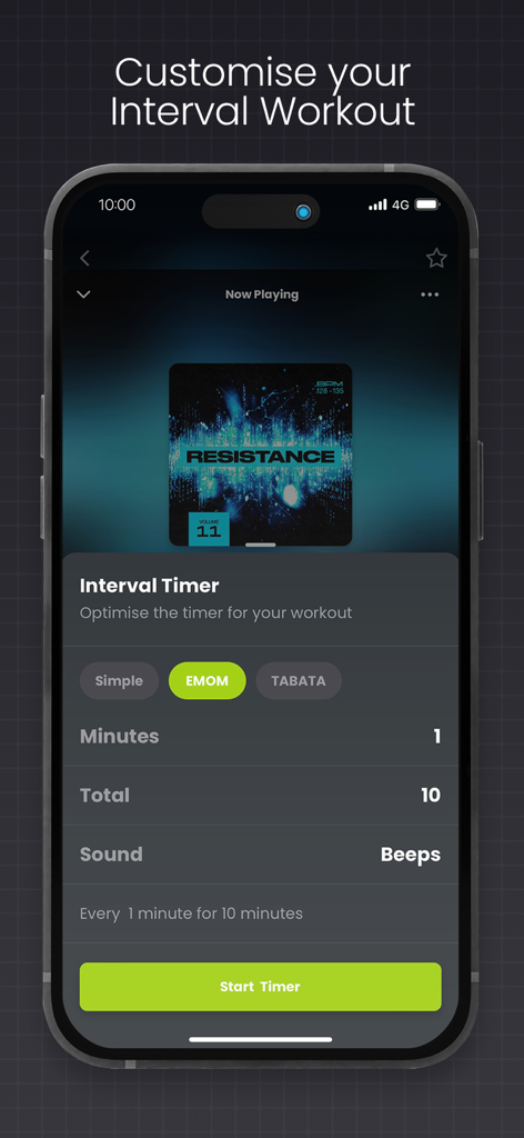 Pure Energy Music - Pure Energy Musicアプリのインターフェース。フィットネスワークアウトのためのインターバルタイマーのカスタマイズを表示