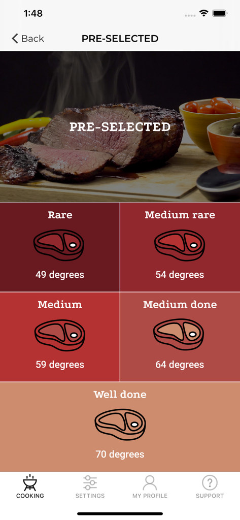 Witt CookPerfect - Witt CookPerfect app interface showing meat doneness levels from rare to well done with target temperatures