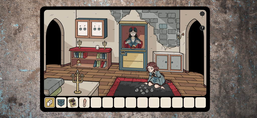 Hidden Memories - A girl kneeling on a rug examining runes in a mysterious room with a fortune teller machine