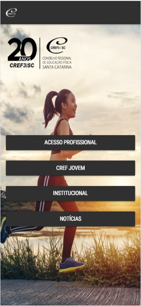 CREF3/SC - Menu principal do aplicativo CREF3 SC de regulamentação de educação física mostrando opções de acesso profissional e notícias