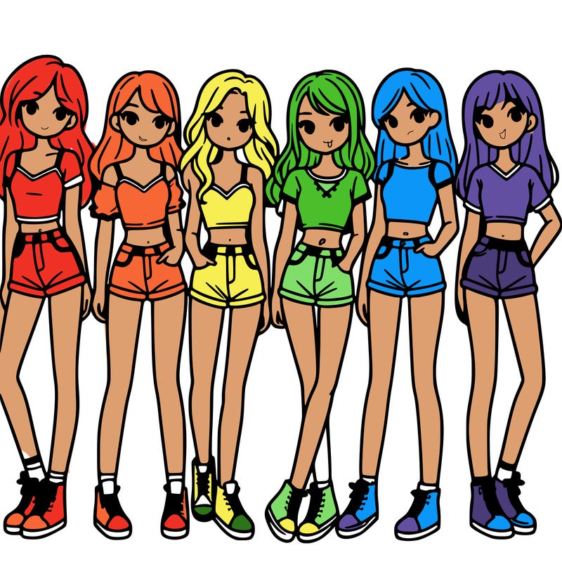 a group of girls wearing crop tops and shorts