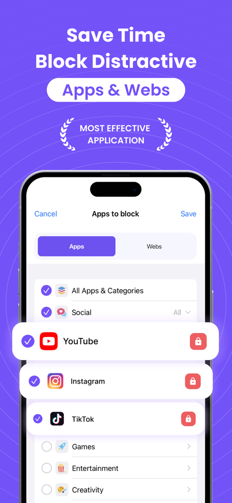 Screen Time Limit: App Blocker - Interface of Focus Mode app showing selected social media apps to block for better time management
