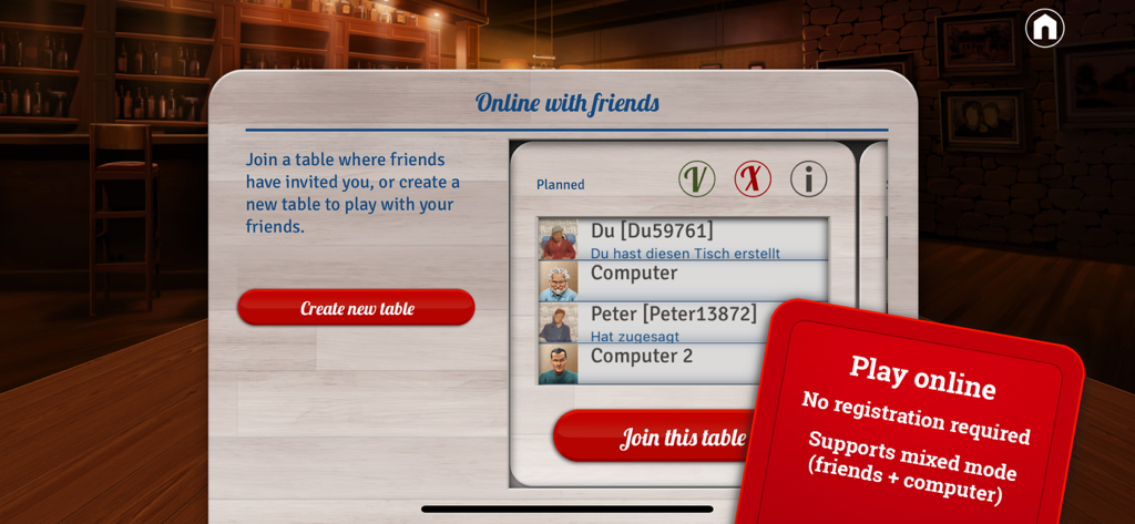 Interfaz de Hearts XT mostrando opciones multijugador en línea con amigos y oponentes por computadora sin registro