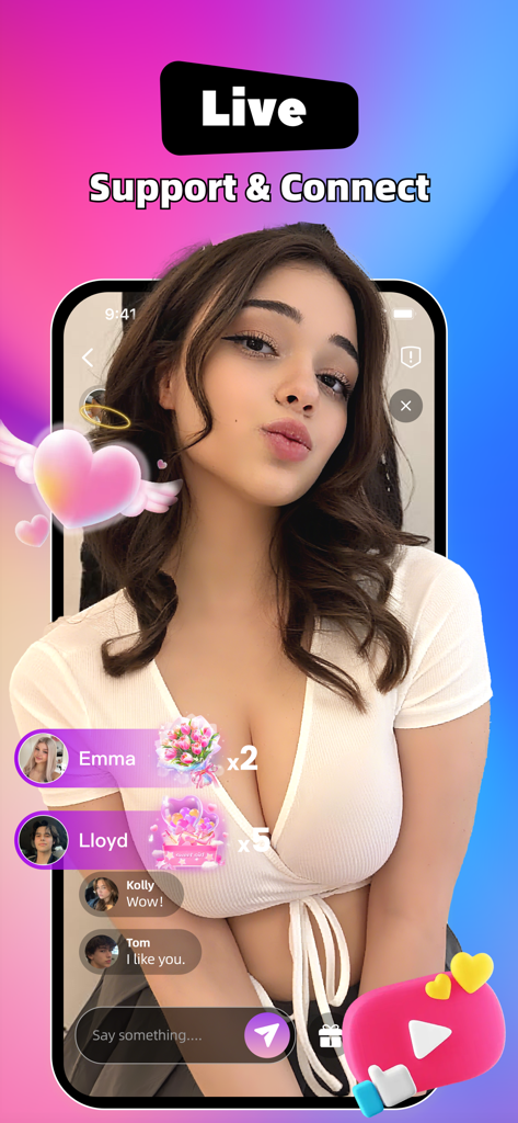 FliV：Meet & Video Chat - FliV App Live-Streaming-Oberfläche mit Studentenersteller und Chat-Interaktion