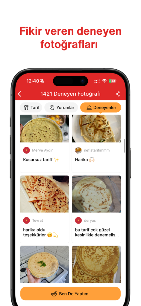 Mobile app screen showing a gallery of photos from users who tried a specific recipe