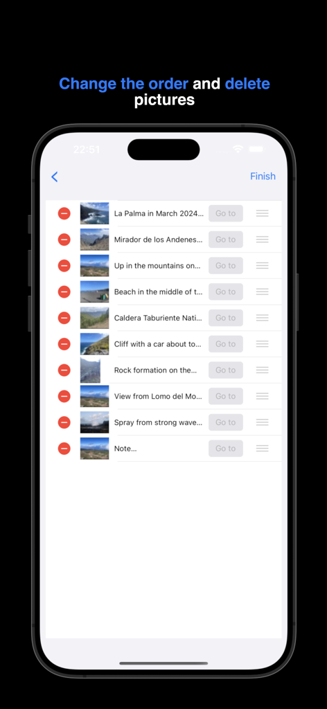 Instant Photo Note - Interfaz que muestra cómo reordenar y eliminar fotos dentro de un álbum en la aplicación Nota de Foto Instantánea