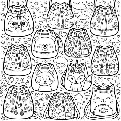 Dive into the super-cute world of Kawaii with this delightful coloring page featuring an array of trendy bucket bags. Perfect for teens, each bag boasts adorable characters and playful patterns waiting for your creative touch.