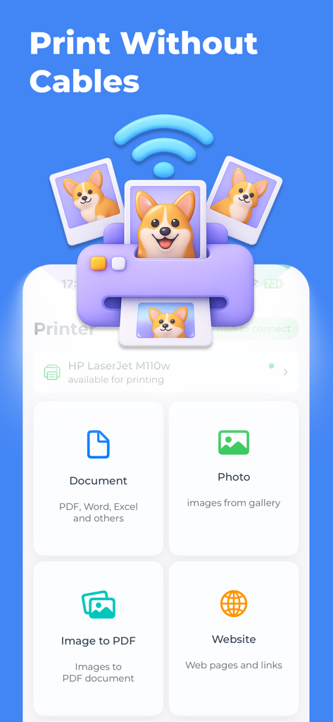 AirPrinterSmart - print app - AirPrinterSmart app interface showing options to print documents, photos, websites, and convert images to PDF wirelessly.