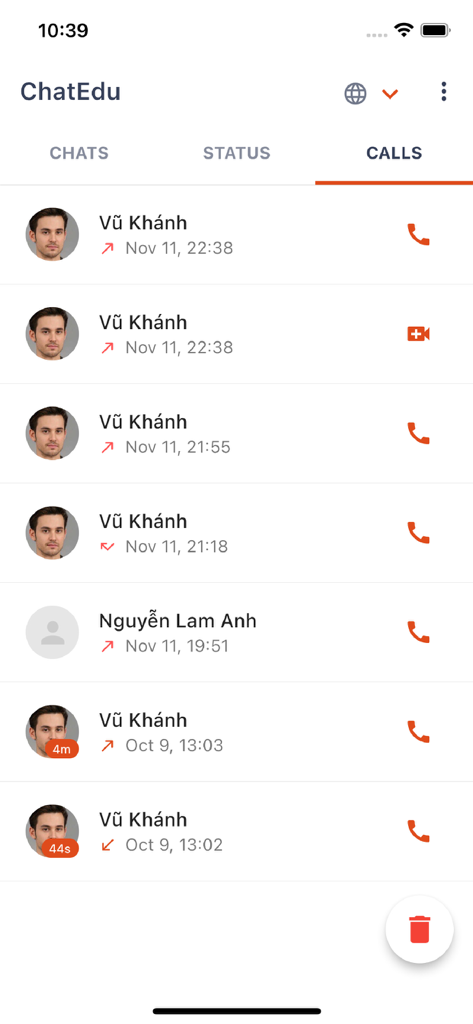 ChatEdu - Capture d'écran de l'onglet historique des appels de l'application mobile ChatEdu montrant une liste d'appels vocaux et vidéo récents.