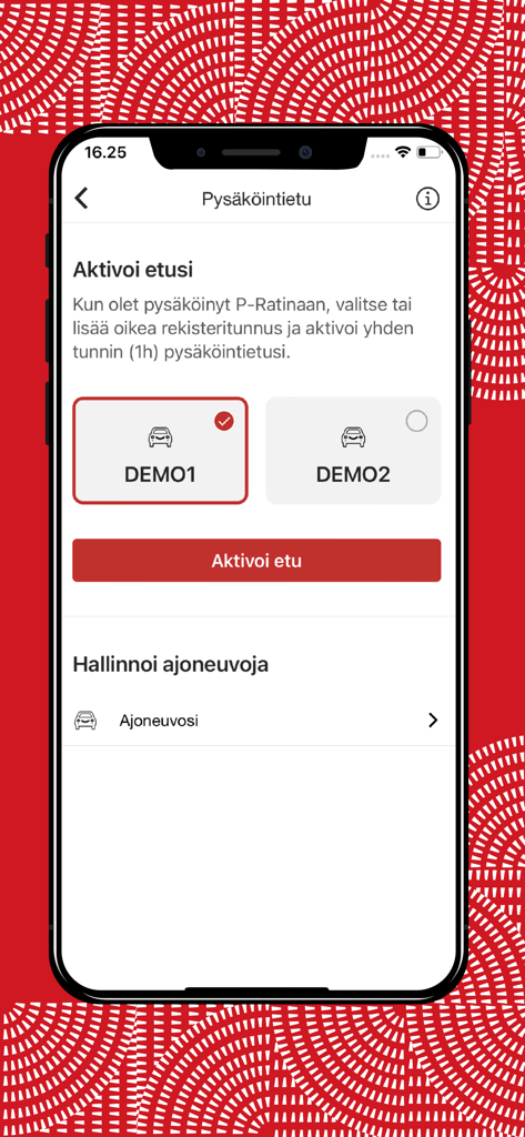 Pantalla en la aplicación Ratina para activar los beneficios de estacionamiento para miembros