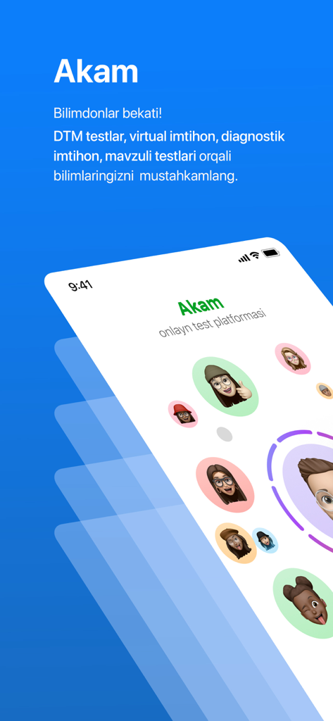 Akam - Onlayn testlar - Introductory screen of the Akam education app featuring various user avatars and text about online testing