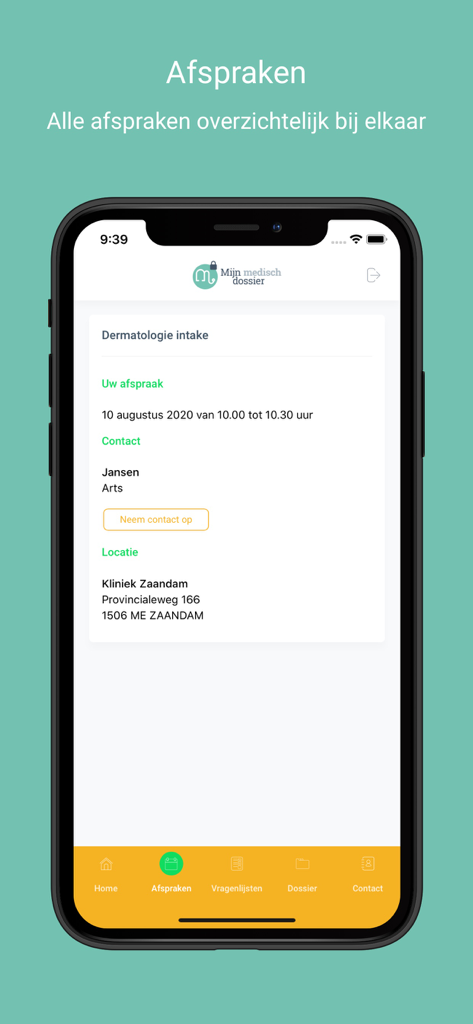Mijn Medisch Dossier - Pantalla de la aplicación Mijn Medisch Dossier que muestra una cita médica programada con fecha y detalles de la clínica