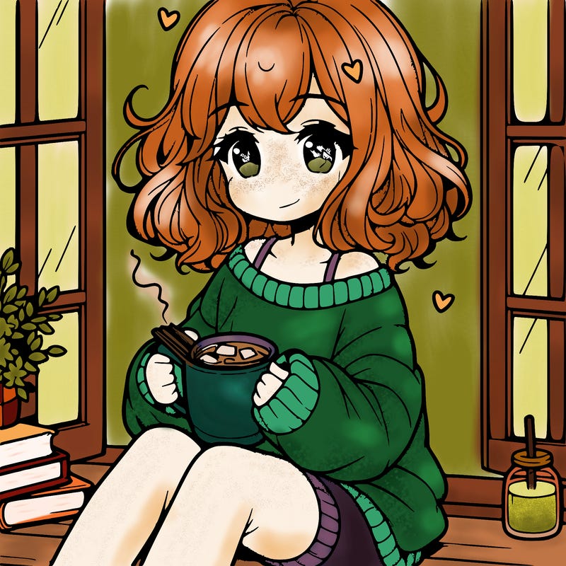 cute anime girl reading book and drinking hot chocolate from mug with loose wavy hair wearing a baggy sweatshirt and shorts sitting by windowsill looking out