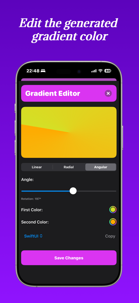 Mobile App-Oberfläche zur Bearbeitung eines gelb-orangen Winkelverlaufs mit SwiftUI-Exportoptionen