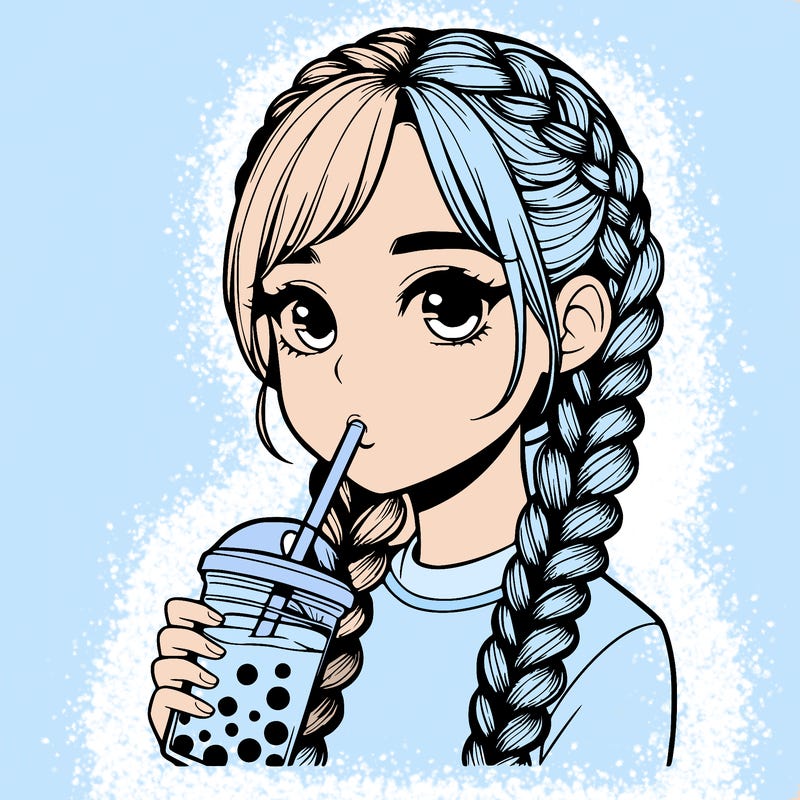 realistic girl with braided hair drinking boba