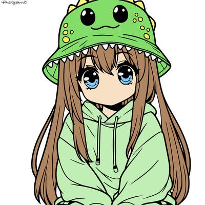 girl with anime shaped eyes with a dinosaur bucket hat oversized sweatshirt long straight hair
