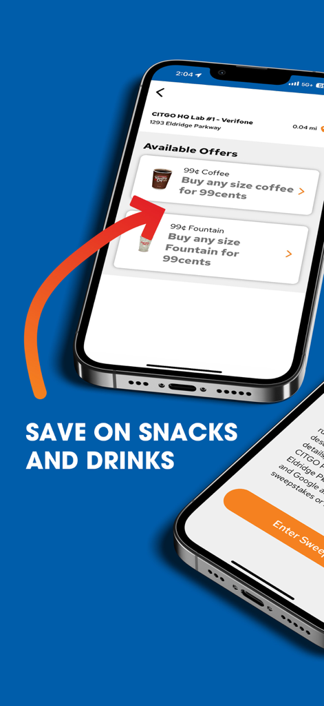 Club CITGO mobile app interface showing available 99 cent coffee and fountain drink offers
