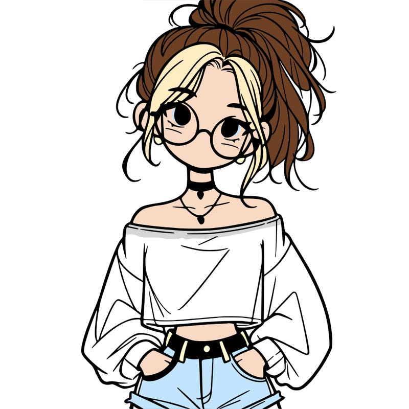 girl with a messy ponytail glasses a baggy crop top and jean shorts
