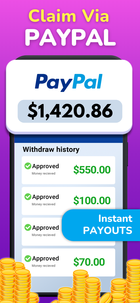 Real Prizes Word Search Game - Tela de saque do PayPal mostrando prêmios em dinheiro aprovados e saques instantâneos.