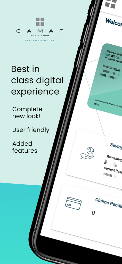 Screenshot of the CAMAF medical aid app showcasing its digital membership card and member benefits dashboard.
