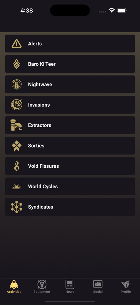 Warframe Companion app activities menu showing Alerts Nightwave Invasions and other game events