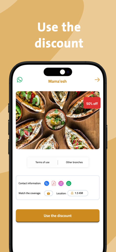 Homat Alwatan UAE - Homat Alwatan UAE app screen showing a 50 percent discount for Mamaesh restaurant
