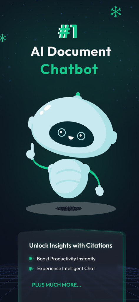 Chat PDF AI DocuChatウェルカム画面。ロボットアシスタントが生産性機能と引用を強調表示しています。