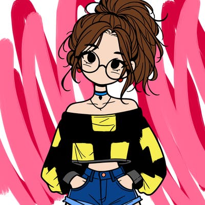 girl with a messy ponytail glasses a baggy crop top and jean shorts