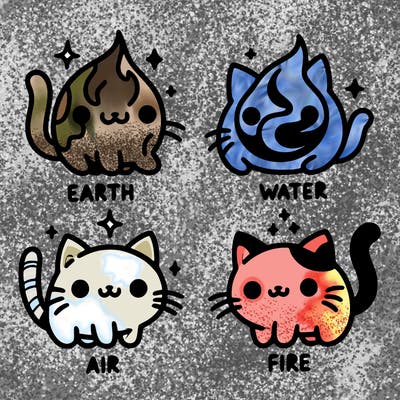 4 cats that represent the different elements, earth, water, air, and fire