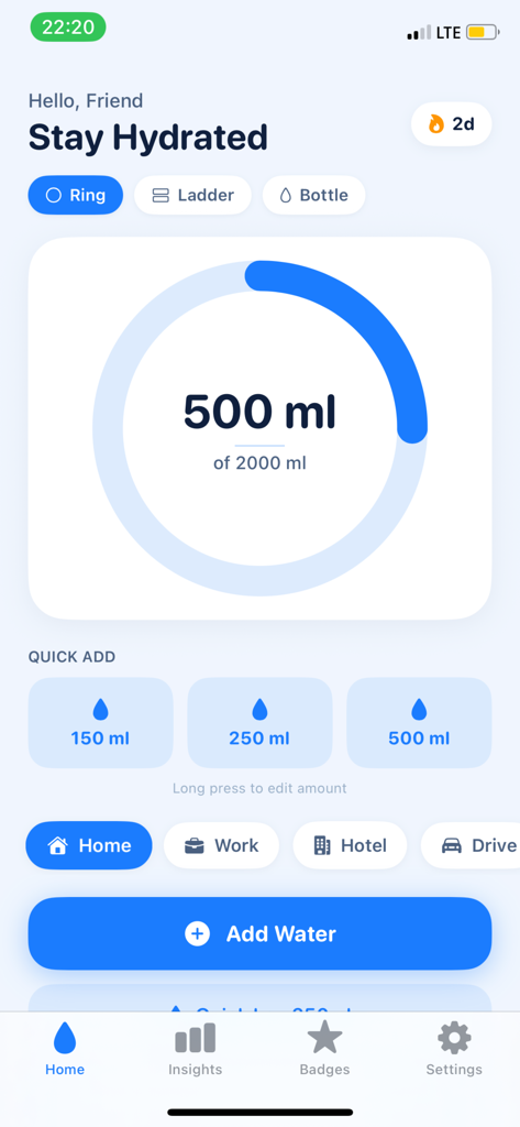 Home screen of the Aquare app showing a hydration progress ring and quick log buttons