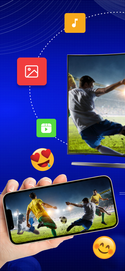 AirPlay Mirroring - AirPlayミラーリングアプリを使用して、iPhone画面を大型スマートTVディスプレイにサッカーの試合をライブストリーミングしている様子。