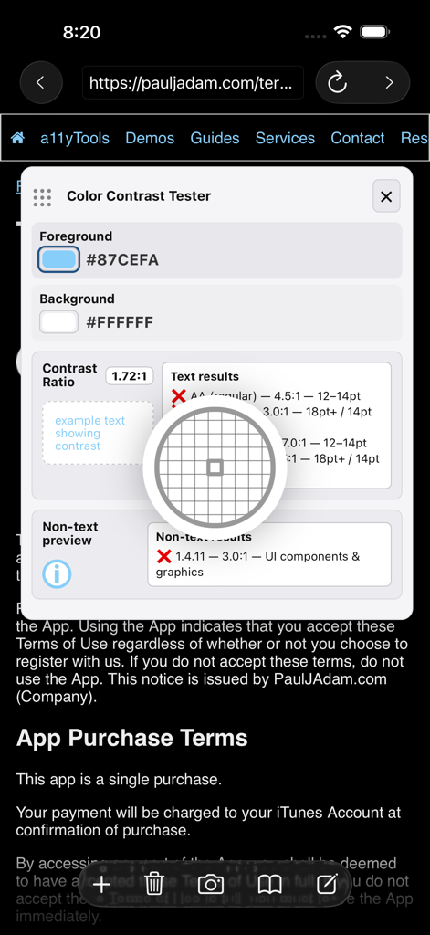 a11yTools - Web Accessibility - Mobile color contrast tester overlay showing a 1.72 to 1 ratio and WCAG failure results for accessibility testing.