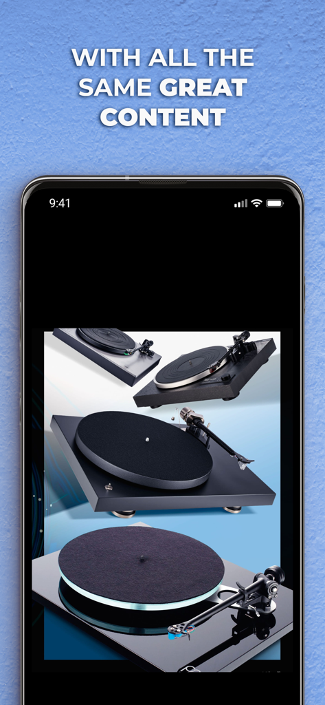 Pantalla de smartphone que muestra contenido de la aplicación What Hi-Fi con varios tocadiscos de alta gama