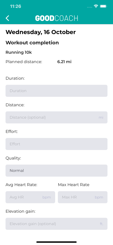 La pantalla de finalización de entrenamiento de la aplicación Good Coach para registrar datos de carrera y métricas de salud.