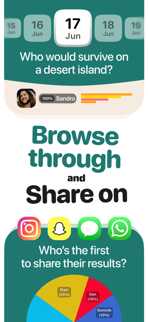 Benutzeroberfläche der askUs-App, die Umfrageergebnisse und Optionen zum Teilen auf sozialen Medien wie Instagram und Snapchat anzeigt