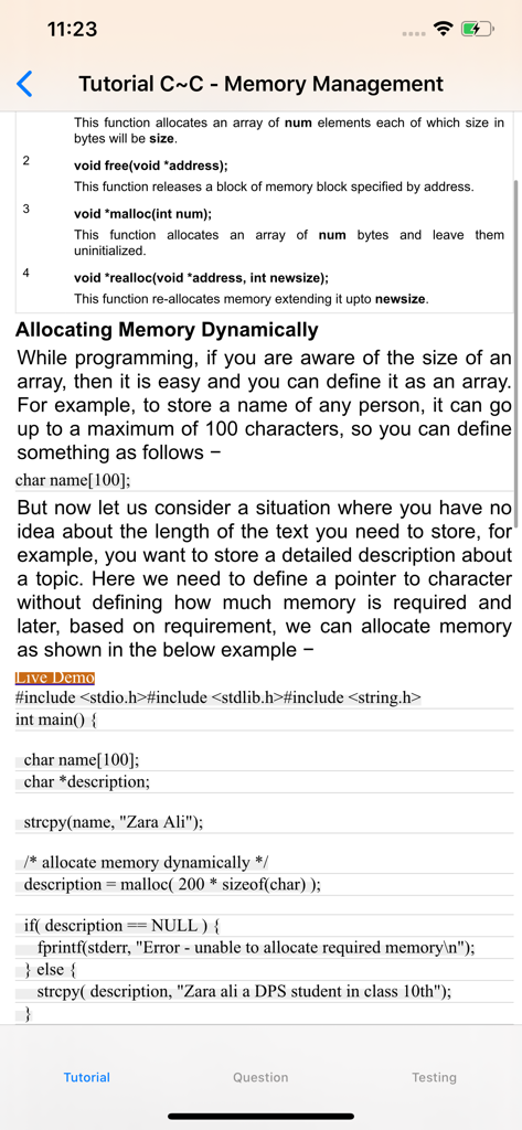 Pantalla de la aplicación Tutorial de C que muestra una lección sobre gestión dinámica de memoria con las funciones malloc y realloc