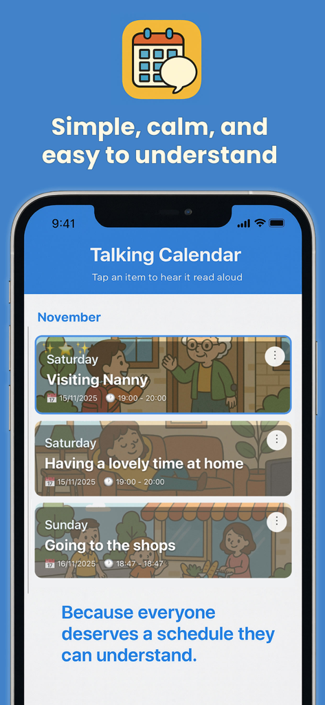 Talking Calendar App - Talking Calendar app interface displaying a simple visual schedule with activity cards for children and neurodivergent users.