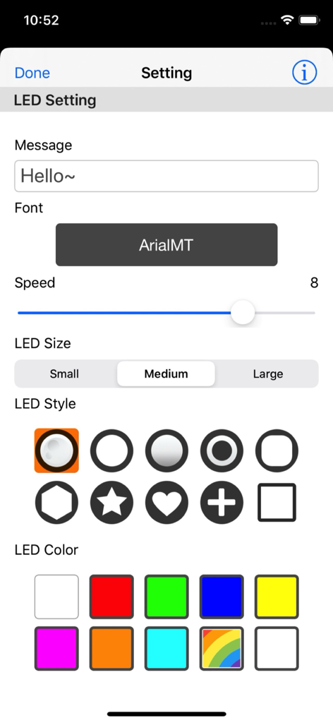 LED Board Plus - Settings screen of LED Board Plus showing message and style customization options