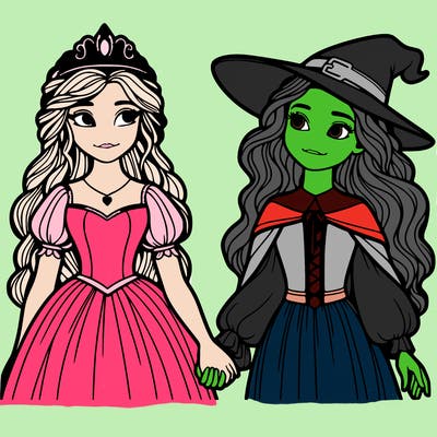 a princess and a witch holding hands realistic