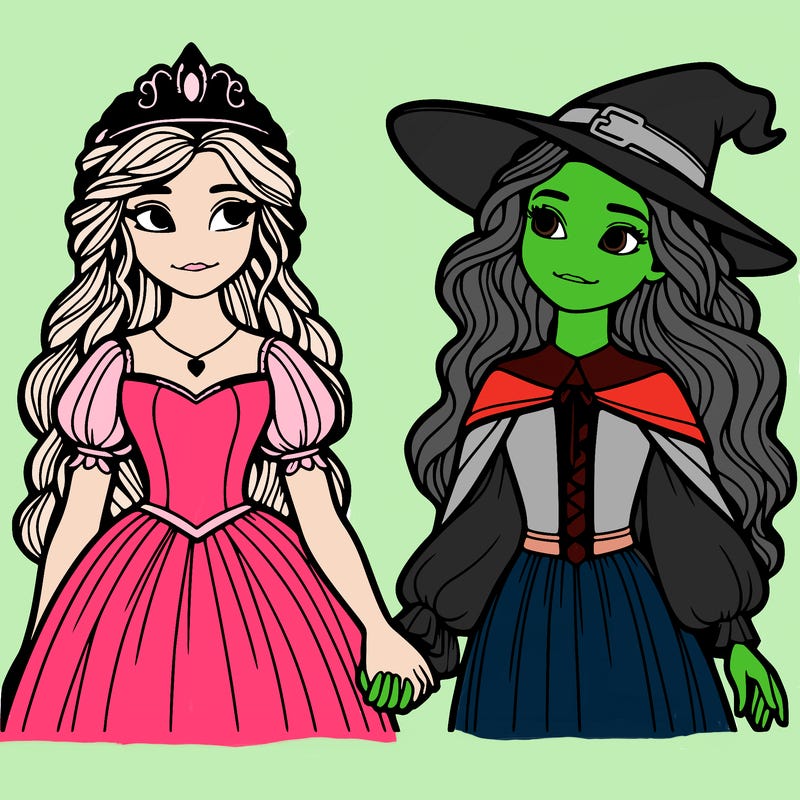 a princess and a witch holding hands realistic