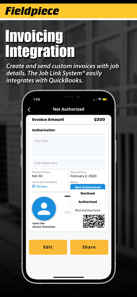 Fieldpiece Job Link app interface showing HVAC invoicing integration and digital signature features