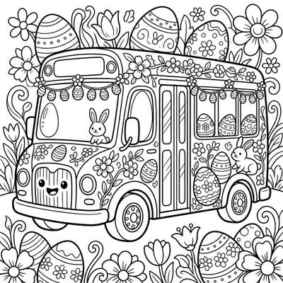Get ready for an egg-cellent Easter adventure with this delightful shuttle bus coloring page! Adorned with festive decorations, playful bunnies, and vibrant spring flowers, it's a joyful scene waiting for your creative touch.