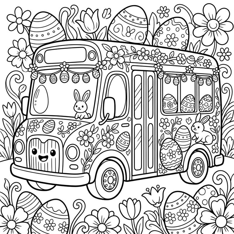 Get ready for an egg-cellent Easter adventure with this delightful shuttle bus coloring page! Adorned with festive decorations, playful bunnies, and vibrant spring flowers, it's a joyful scene waiting for your creative touch.
