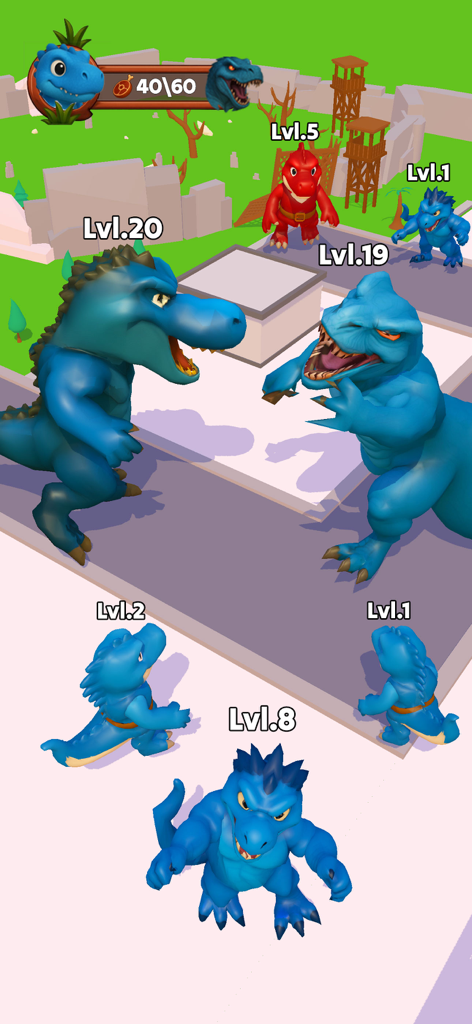 Dino World: Dinosaur Survival - Dino Worldのバトルアリーナにいる様々なレベルの3D恐竜